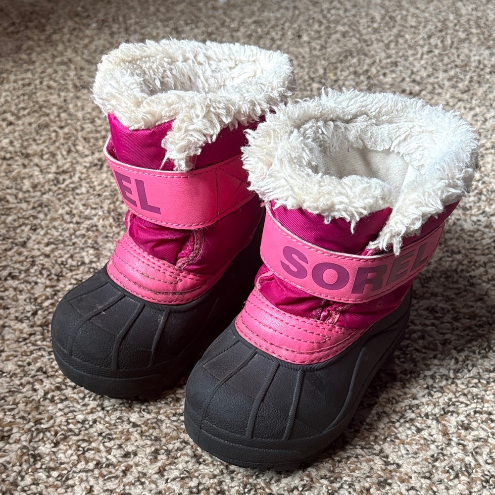 Sorel Pink and Black Kids Winter Boots with Faux Fur Cuff